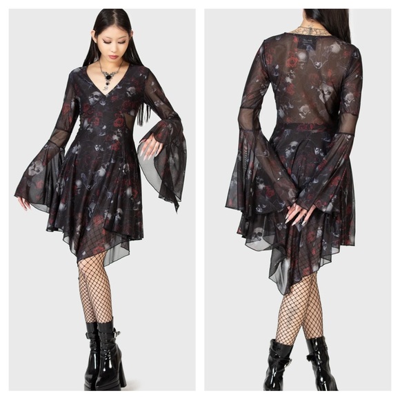 Killstar Black Skulls & Roses Bellflora Mesh Wide Sleeve Dress Women’s Sz Large - Picture 3 of 8